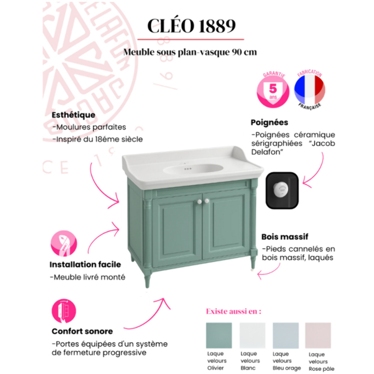 Pack meuble vasque Cléo 1889 vert velours + colonne droite + miroir + mitigeur or
