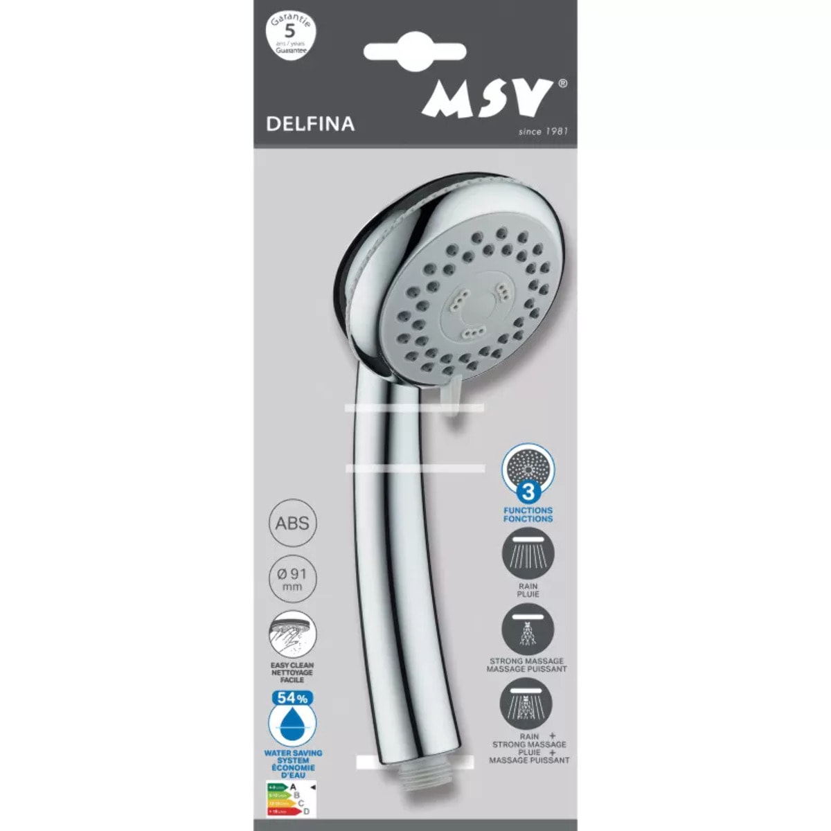 Pommeau de douche MSV Delfina Ø 91 mm – 3 fonctions – Économie d'eau 54 % – Chromé
