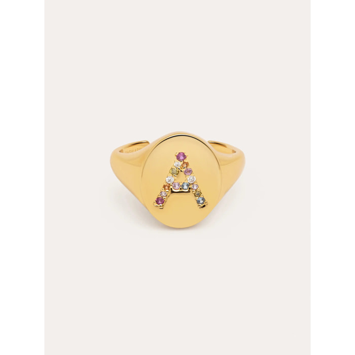 Anillo Personalizado Signet Letter Colors Baño Oro