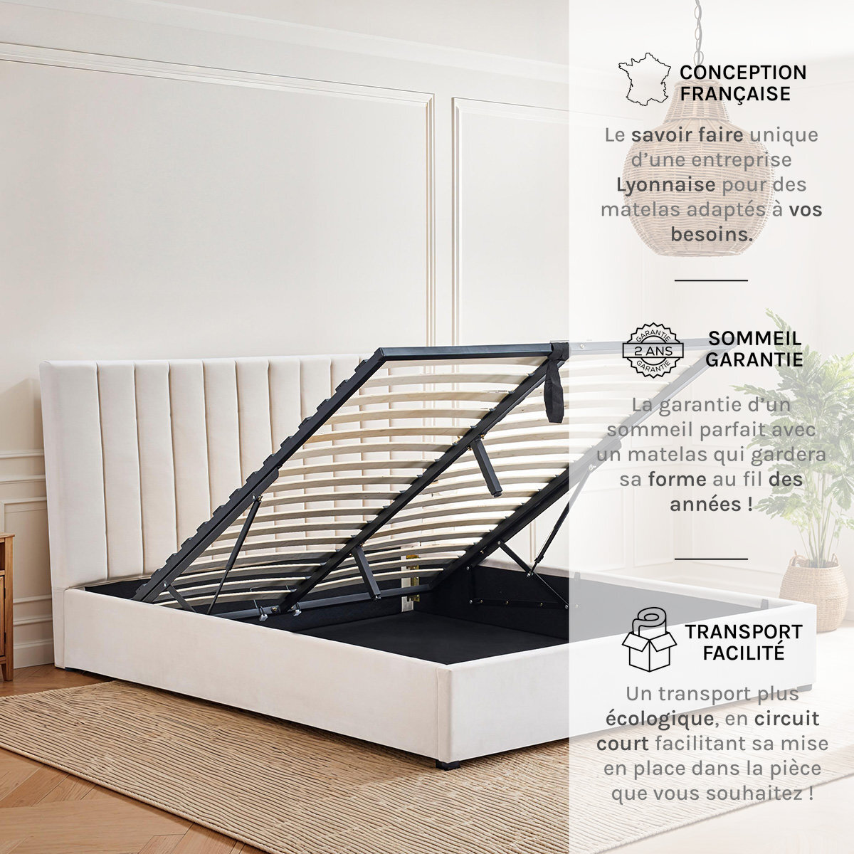 Lit coffre Giulia velours beige 1 place