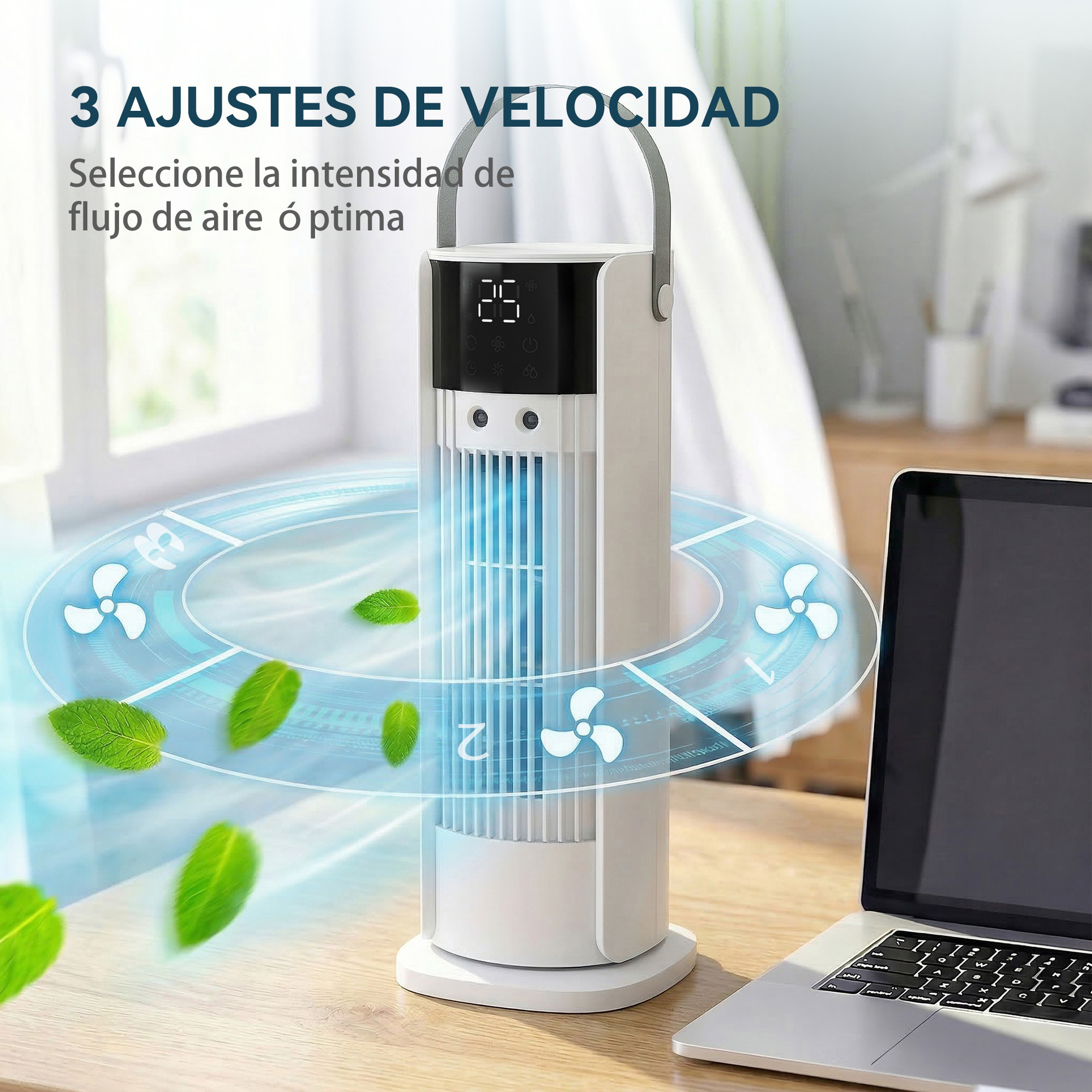 Ventilador de Escritorio con Niebla, Luz RGB, Ventilación de Mesa con 3 Velocidades, Oscilación de 90°, Temporizador de 10H, Control Remoto, Asa, para Dormitorios, Blanco