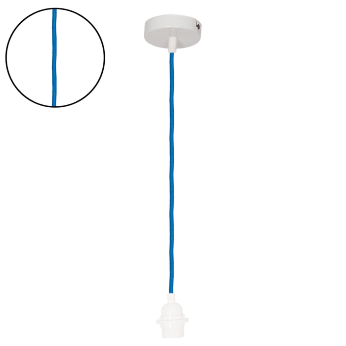 Suspension avec douille blanche et câble tissé - Bleu