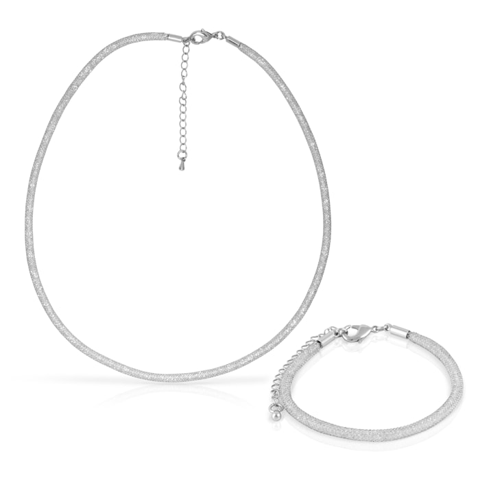 Set de collar y pulsera plateados de malla de cobre con relleno de cristal brillante y cierre de mosquetón de cobre plateado.
