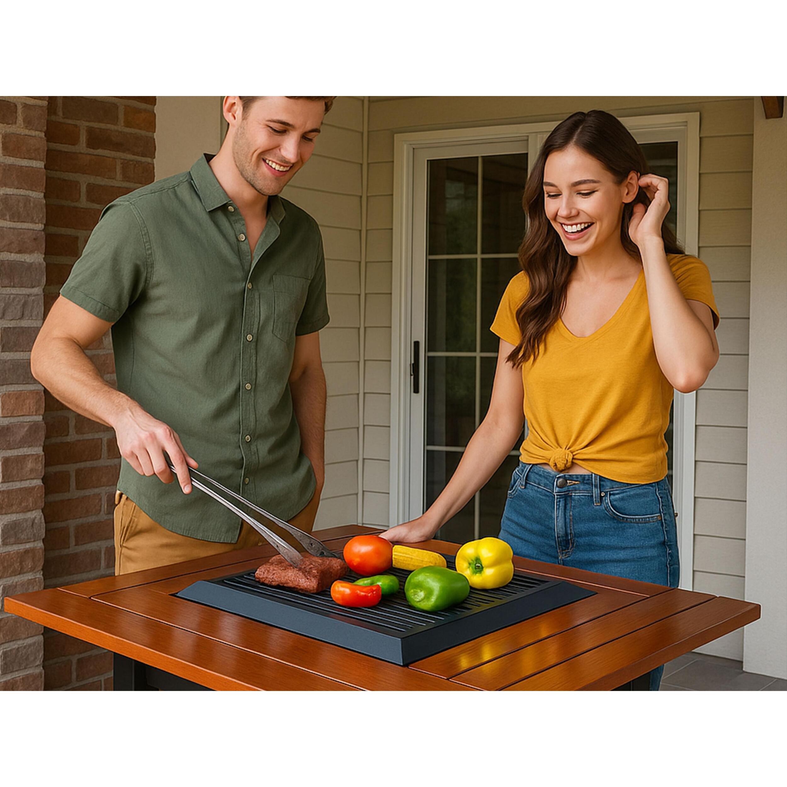 Table de barbecue avec gril et plateau en bois