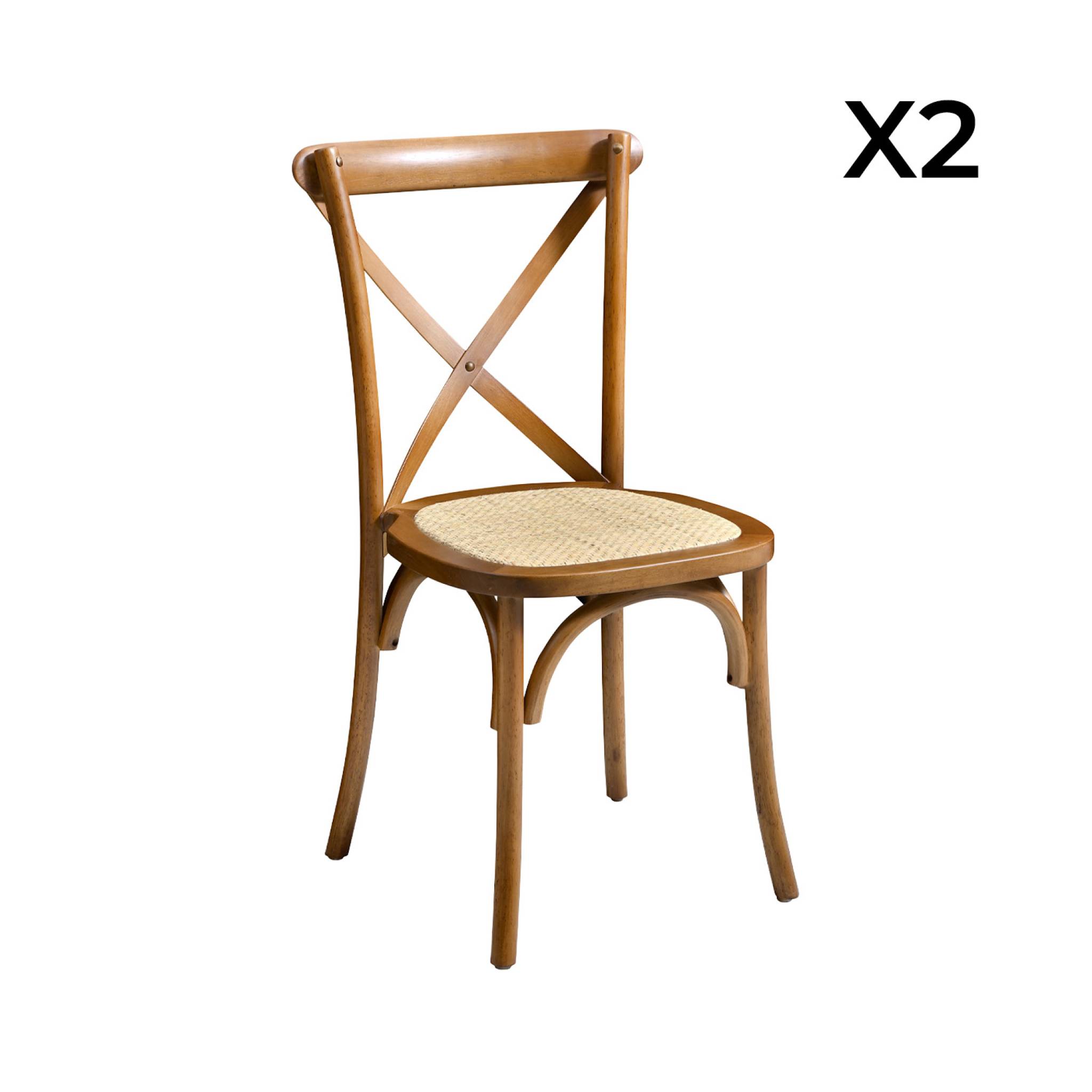 Lot de 2 chaises de bistrot en bois d'hévéa effet noyer. vintage. assise en rotin. empilables