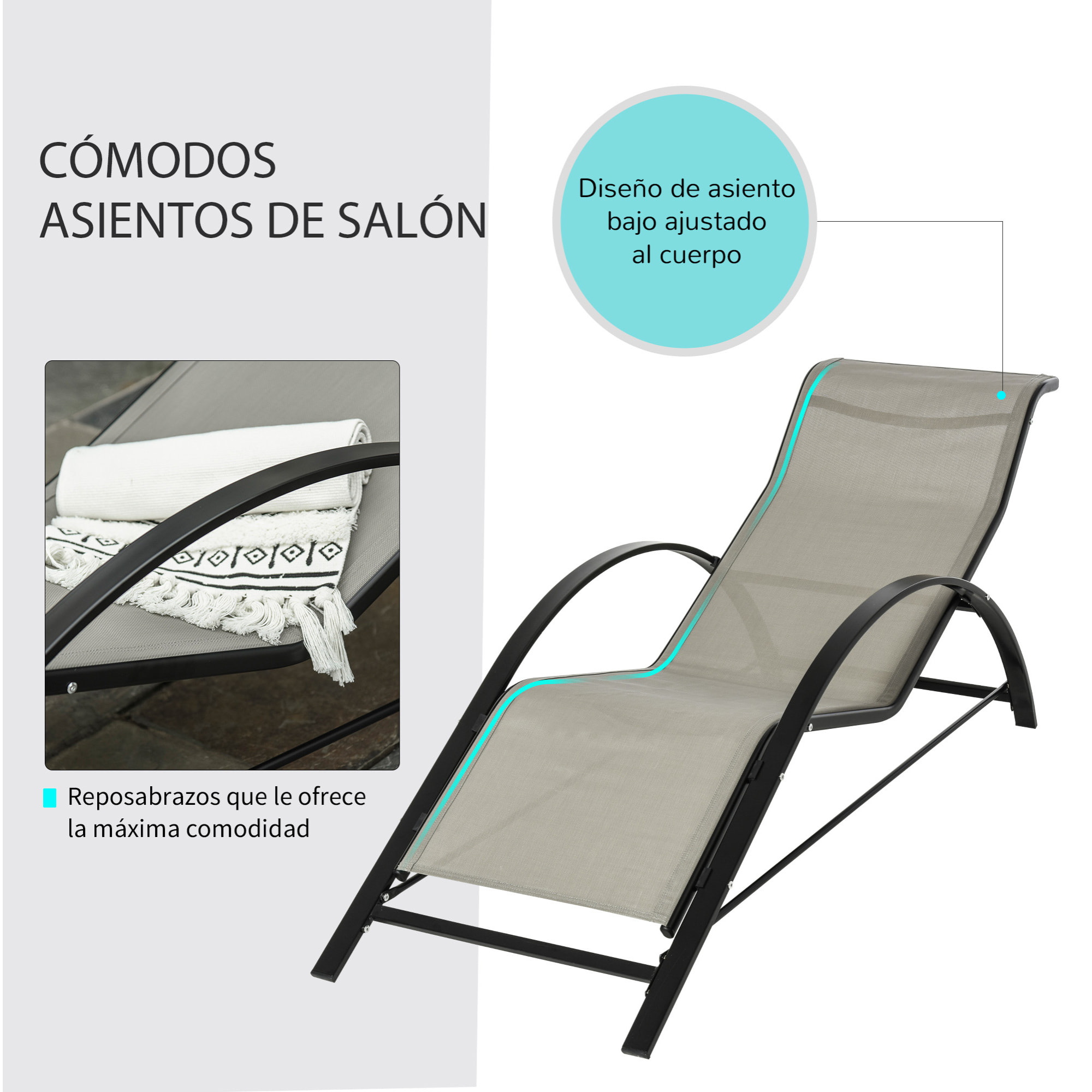 Set de 2 Tumbonas Jardín Exterior con Mesa Auxiliar de Vidrio Templado Tumbonas con Respaldo Reposabrazos para Patio Piscina Terraza Exterior Gris