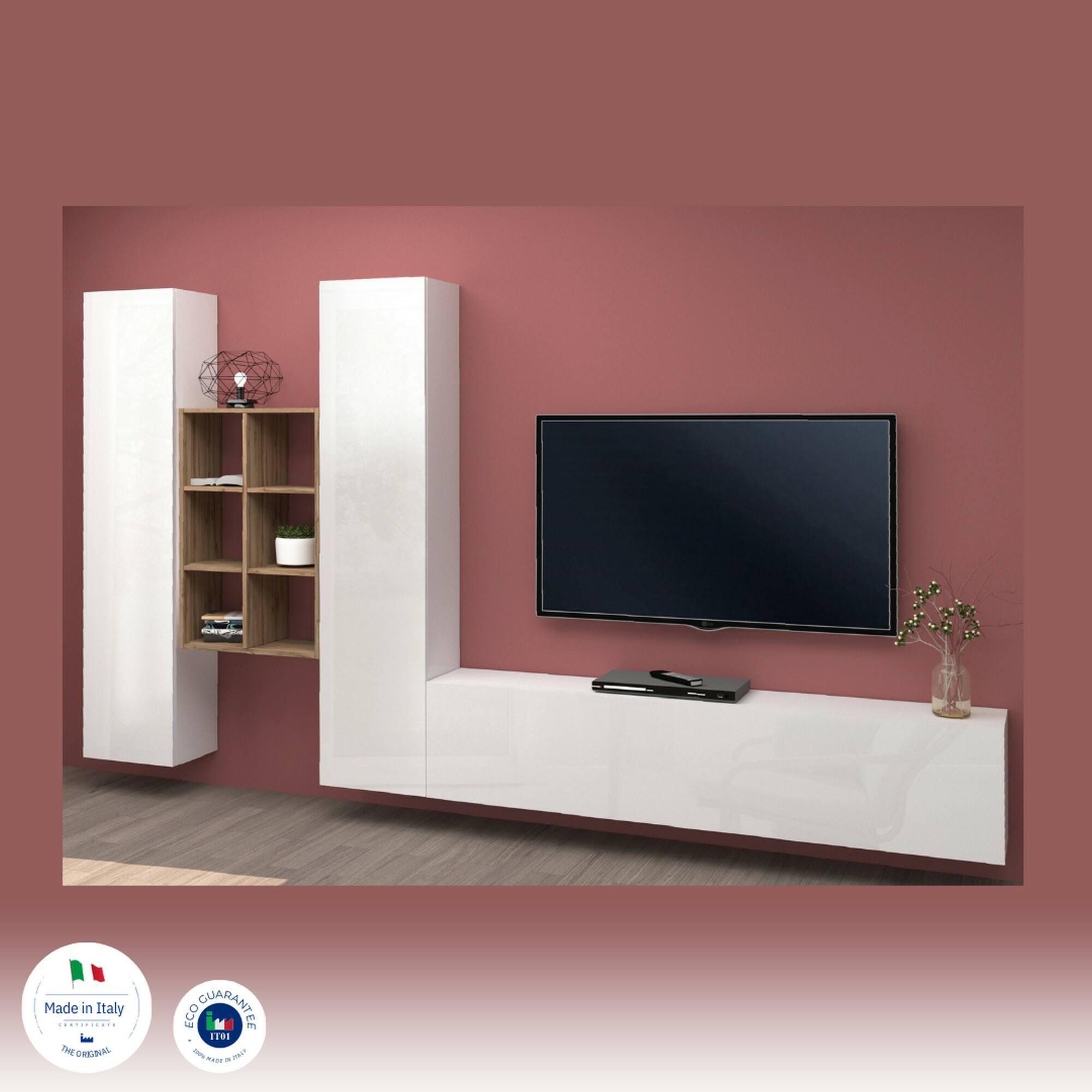 Parete attrezzata Emiliano, Set salotto porta TV a 3 ante, Mobile soggiorno multiuso, 100% Made in Italy, cm 320x30h180, Bianco lucido e Acero