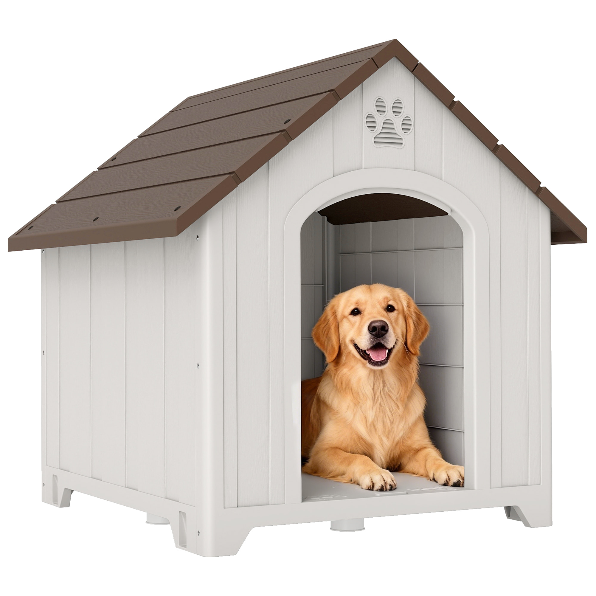 Caseta para Perros Exterior, Casa para Perros Grandes de Plástico Impermeable con 2 Ventanas, Base Elevada, Estacas, Fácil de Montar, 88x79x89 cm, Marrón Oscuro