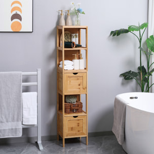 Meuble colonne rangement salle de bain bambou design cosy naturel 2 tiroirs 3 niches H. 140 cm