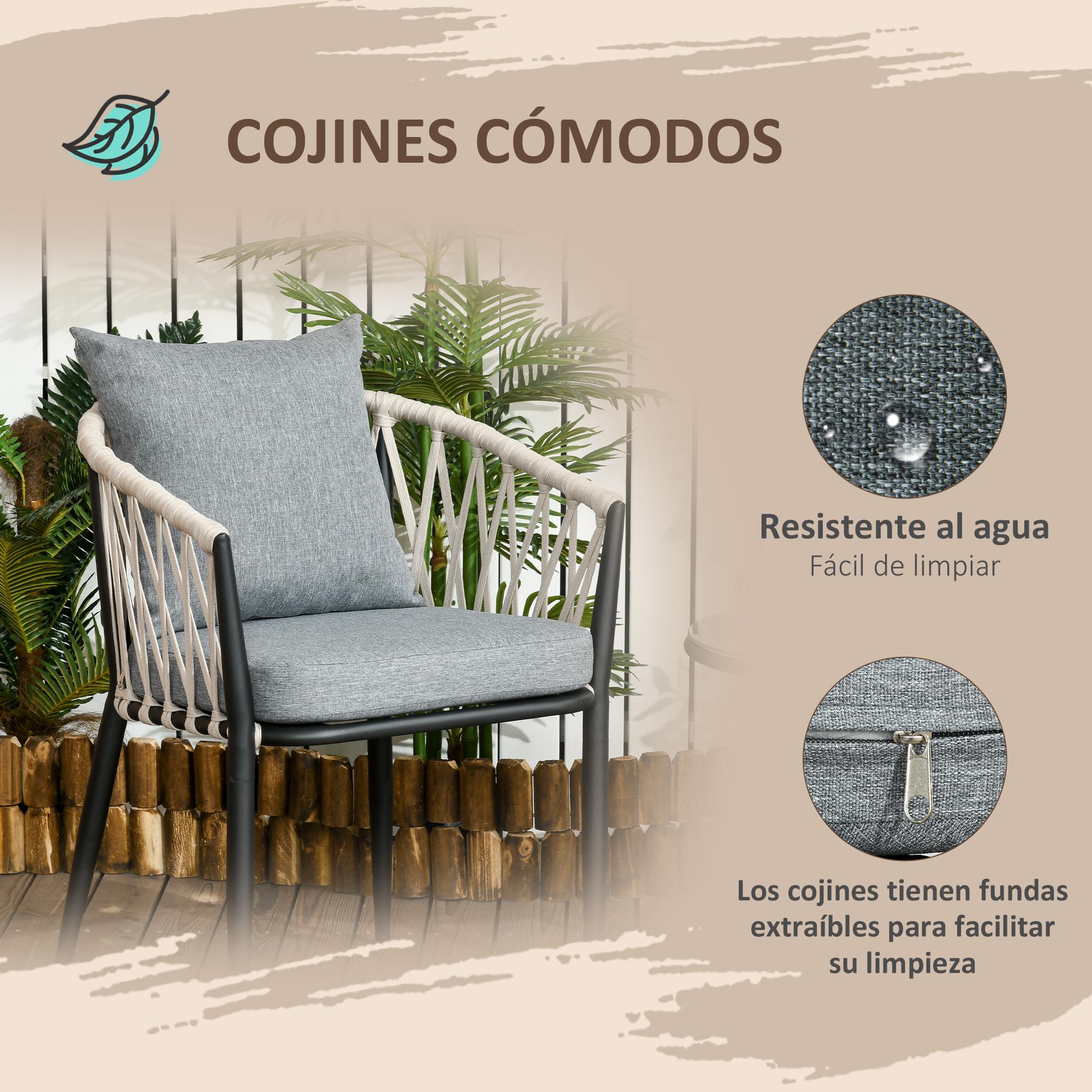 Conjunto de Muebles de Jardín 3 Piezas Juego de Muebles de Terraza Incluye Mesa con Encimera de Vidrio Templado y 2 Sillones con Cojines Reposabrazos de Cuerda Polipropileno Gris