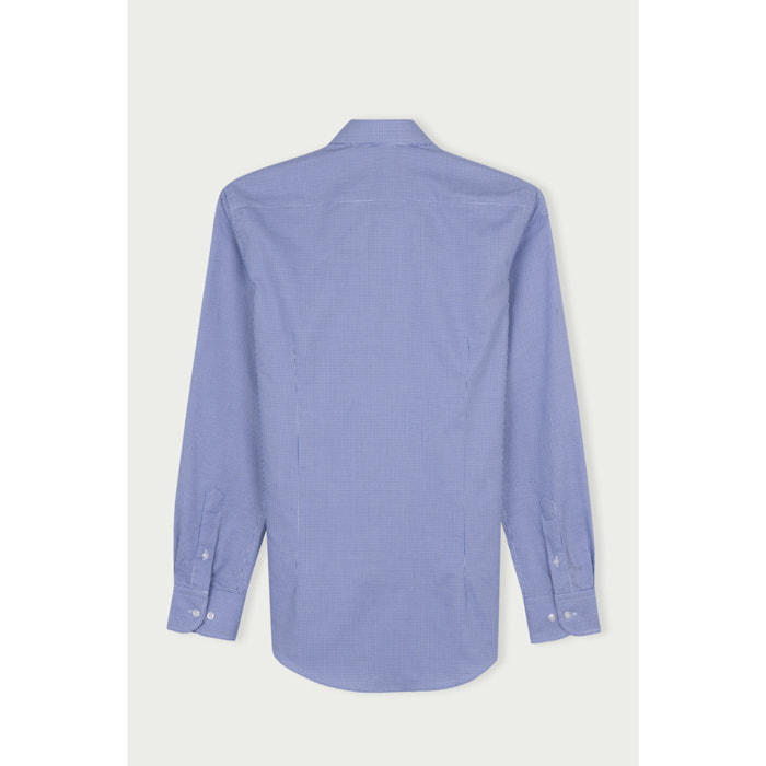 Camicia Uomo 1 Bottone Francese Slim Cotone Quadro Piccolo Blu\Bianco