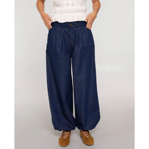 Pantalón vaquero ancho con bajo abullonado de mujer