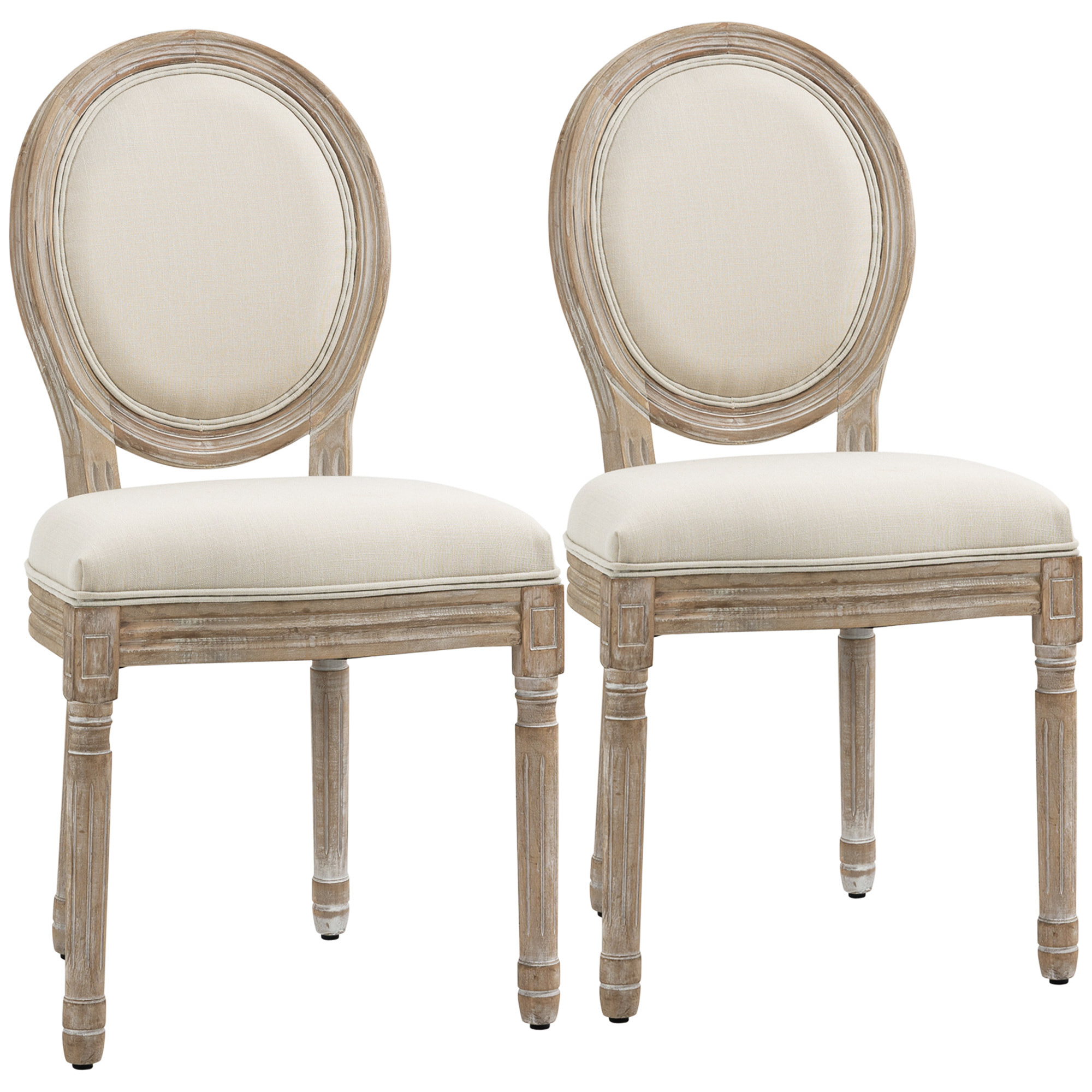 Lot de 2 chaises de salle à manger - chaise de salon médaillon style Louis XVI - bois massif sculpté, patiné - aspect lin beige