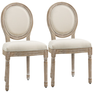 Lot de 2 chaises de salle à manger - chaise de salon médaillon style Louis XVI - bois massif sculpté, patiné - aspect lin beige
