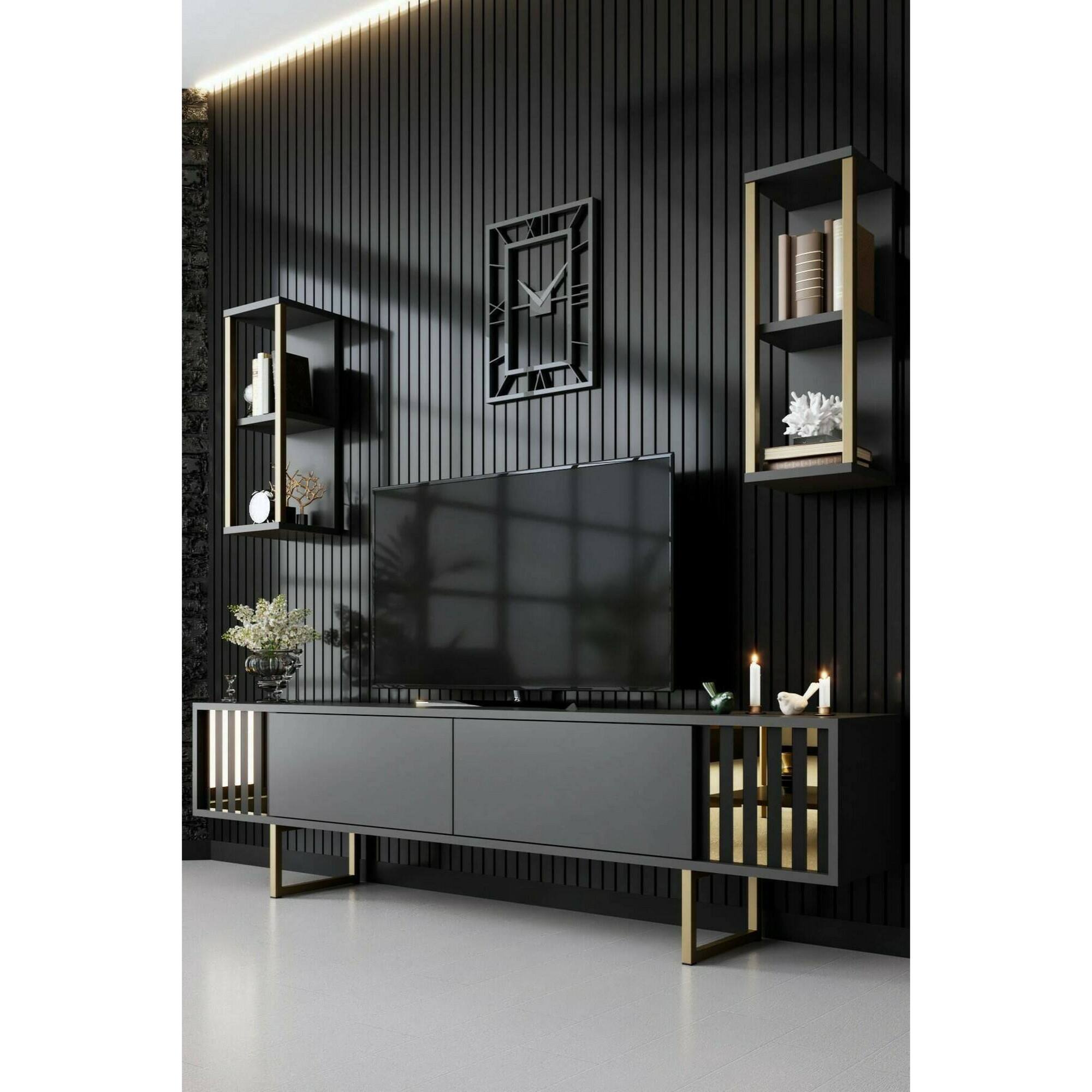 Mobile porta TV Dliveran, Credenza da soggiorno, Armadio basso per TV, Base parete attrezzata, 180x30h48 cm, Antracite e Nero