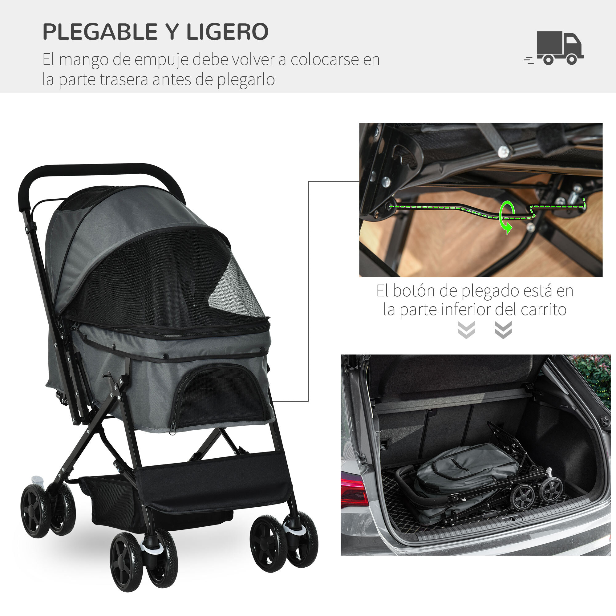 Cochecito para Mascotas Plegable Carrito para Perros Gatos con Toldo Ajustable Cesta de Almacenaje Correas de Seguridad y Frenos Tela Oxford 600D Acero 76,5x52x95 cm Gris