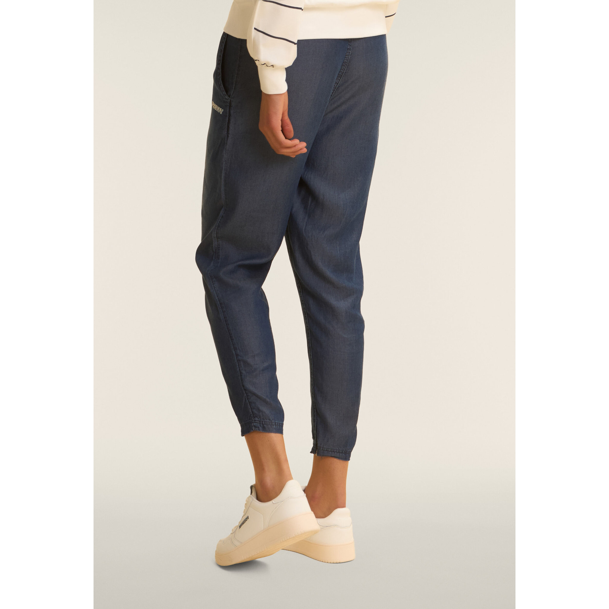 Pantaloni Sportivi Cropped in Chambray con Vita Alta