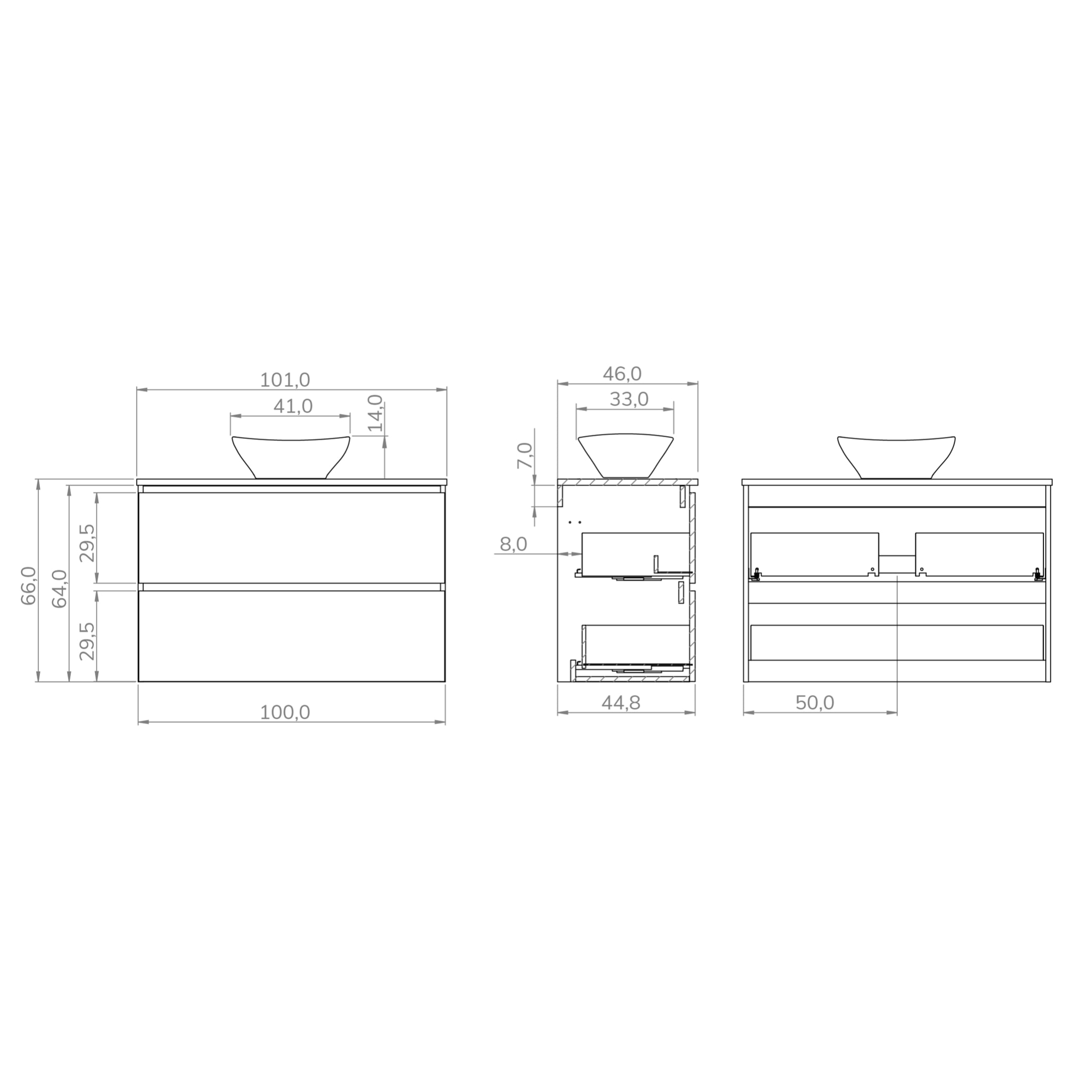 Conjunto de Baño Kaji | Mueble de Baño Suspendido | 100 cm Teka| Dos Cajones | Lavabo Redondo sobre Encimera | No incluye Espejo | Alday