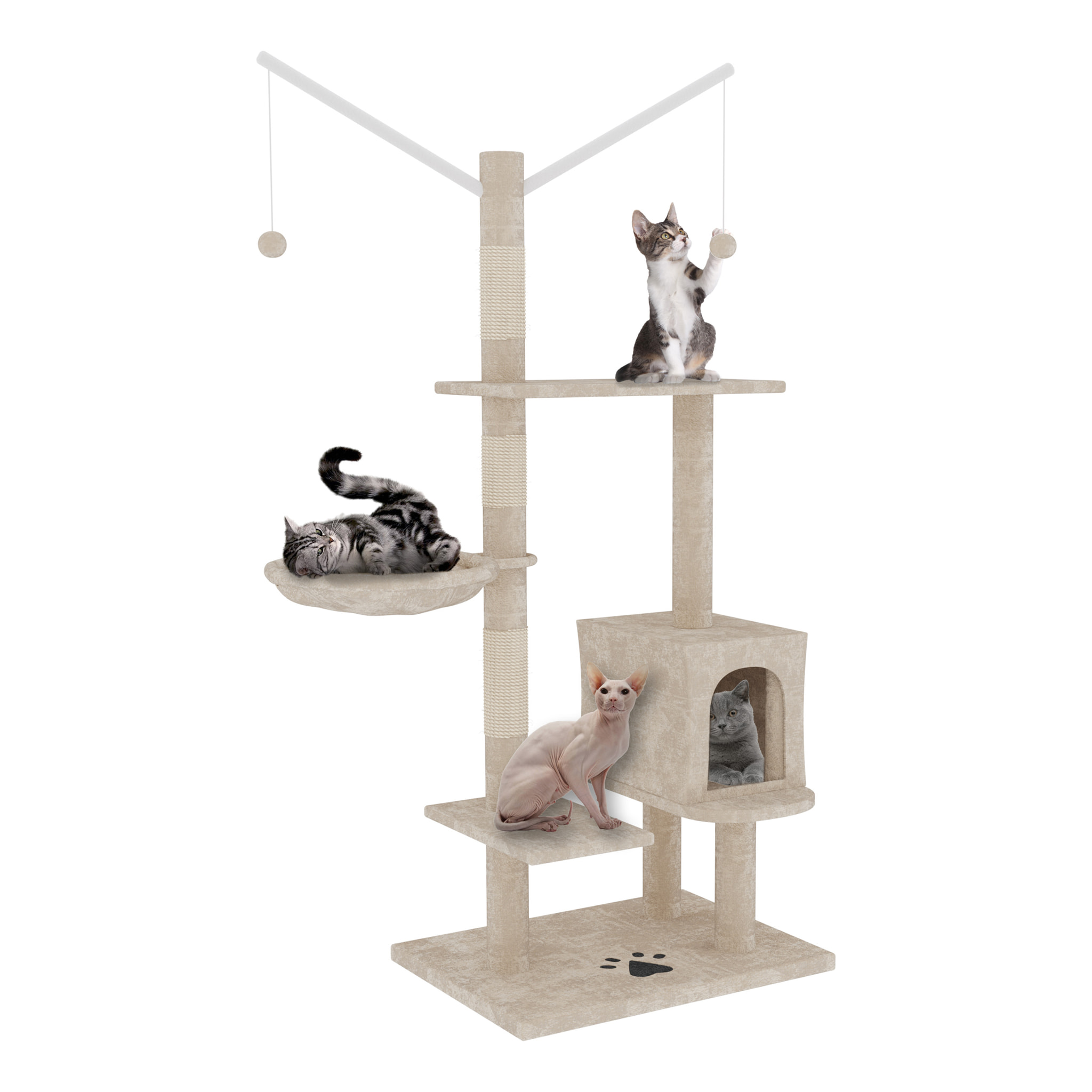Albero per Gatto con Graffiatoio Cuccia Giocattolo Gatti Parco Giochi Tiragraffi in Sisal Naturale 130 x 60 x 35 cm (Colore Beige Birba 30059)
