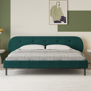 RENO Lit capitonné 140x190cm vert avec tête de lit et sommier
