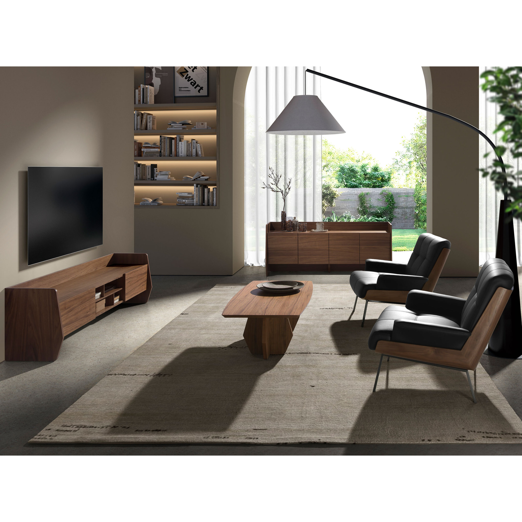 Sillón Angel Cerdá con reposabrazos con asiento y respaldo tapizados en polipiel negro detalle en madera chapada en nogal natural patas de acero inoxidable en negro 90x87x82cm