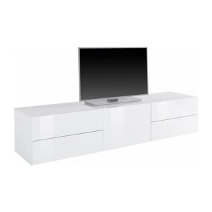 Mobile da soggiorno Porta TV, Made in Italy, Supporto per TV da salotto rialzato con 1 anta e 4 cassetti, cm 170x40h47, colore Bianco lucido