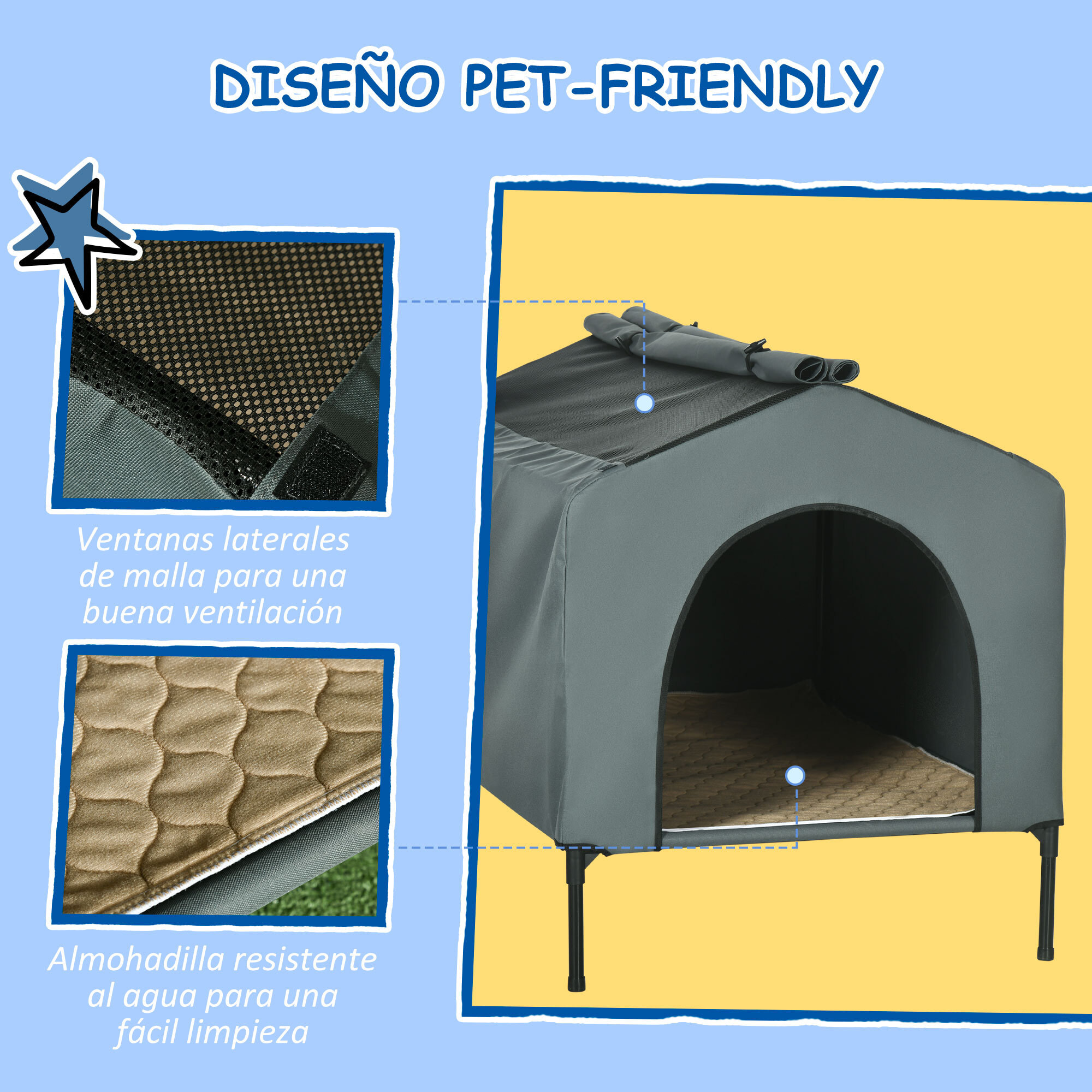 Caseta para Perros con Cubierta Exterior 110x75x87 cm Cama Elevada para Mascotas con Cojín y Ventanas de Malla Enrollable para Perros Grandes Gris