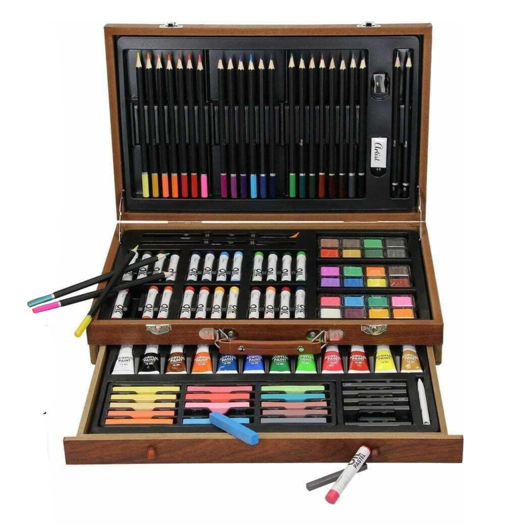 Set de arte de pintura en caja de madera con 112 piezas 37,5x8x23,5cm