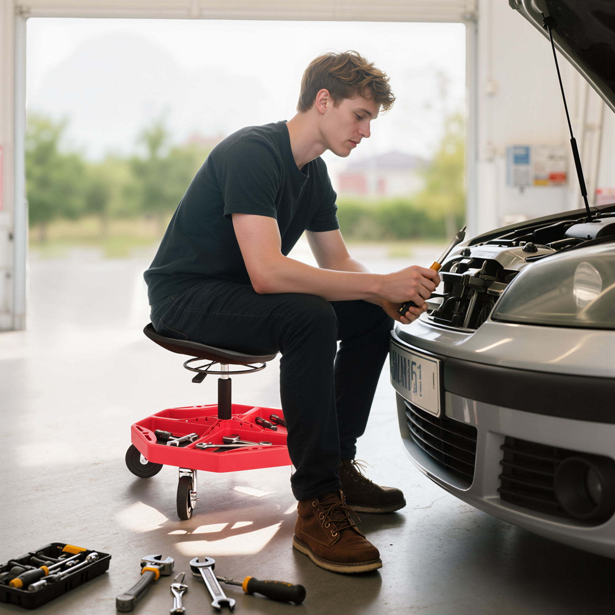 Taburete de Taller Móvil con Bandeja Magnética, Altura Ajustable de 52–59,5 cm, Carga 135 kg, Asiento Taburete para Mecánico con Ruedas, para Garaje, Reparación de Automóviles, Rojo