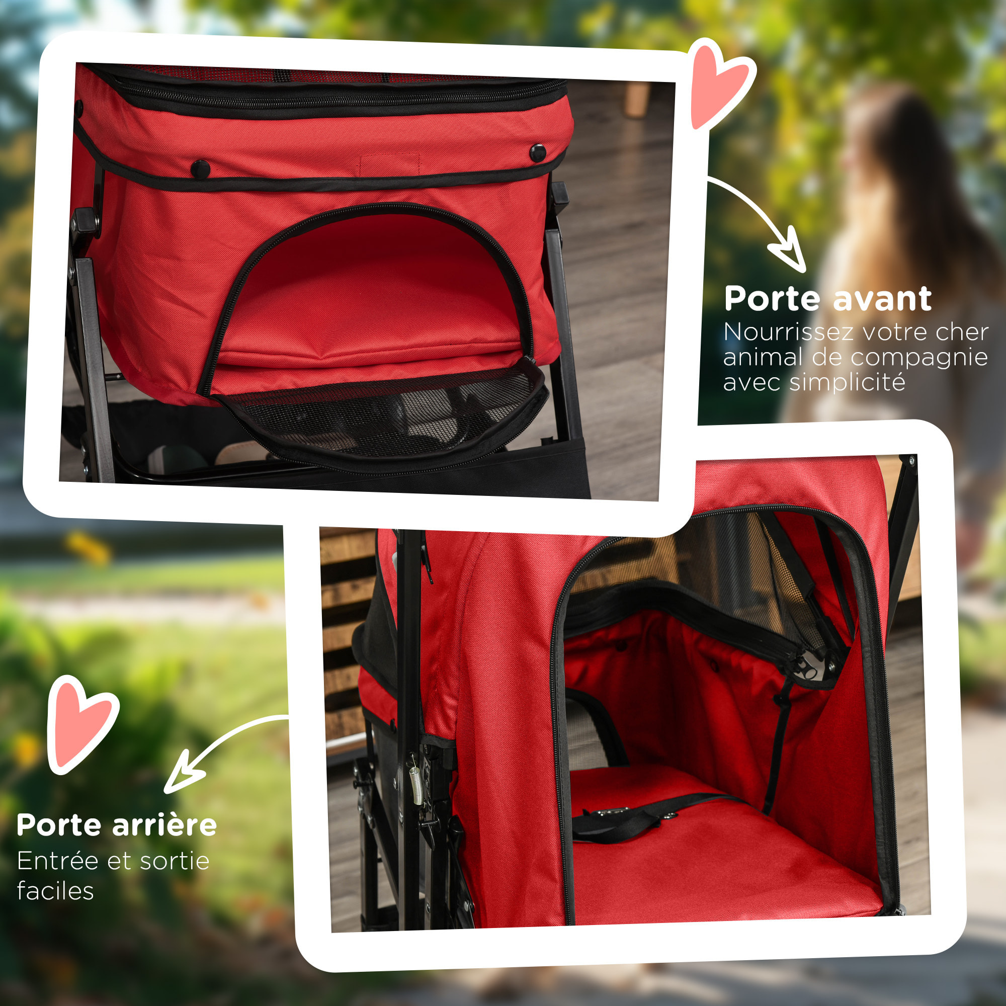 Poussette buggy pliable chien chat panier et sac de rangement attaches sécurité housse réglable poignée réglable acier Oxford rouge