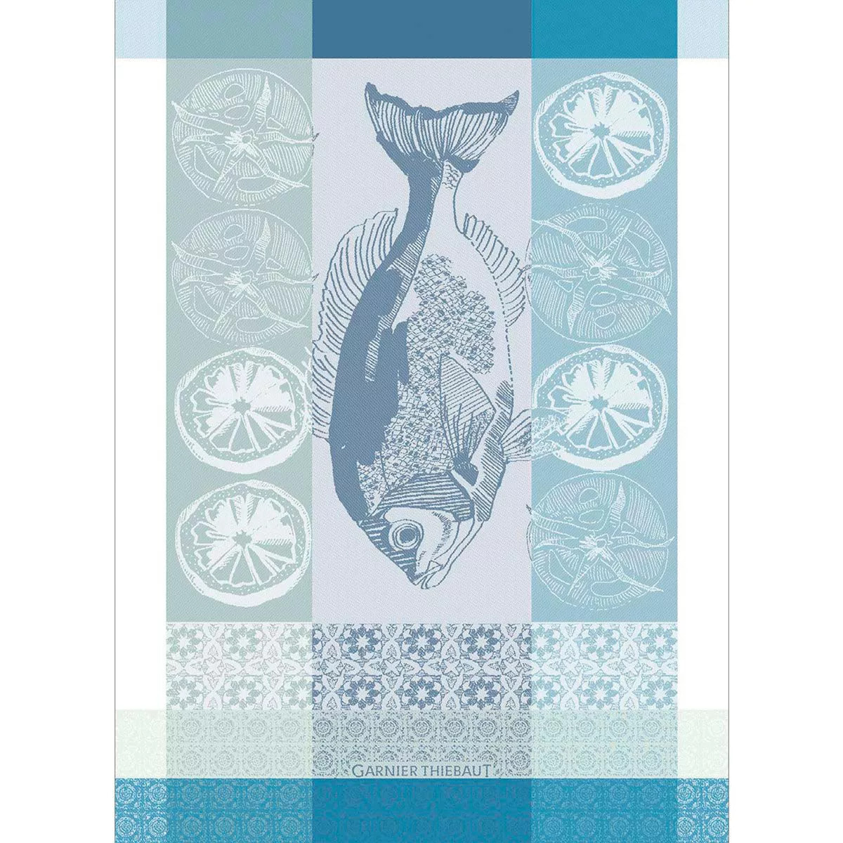 Torchon pur coton motif jacquard blanc bleu Plancha outremer