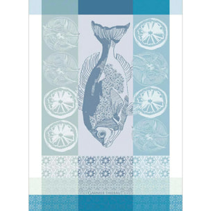 Torchon pur coton motif jacquard blanc bleu Plancha outremer