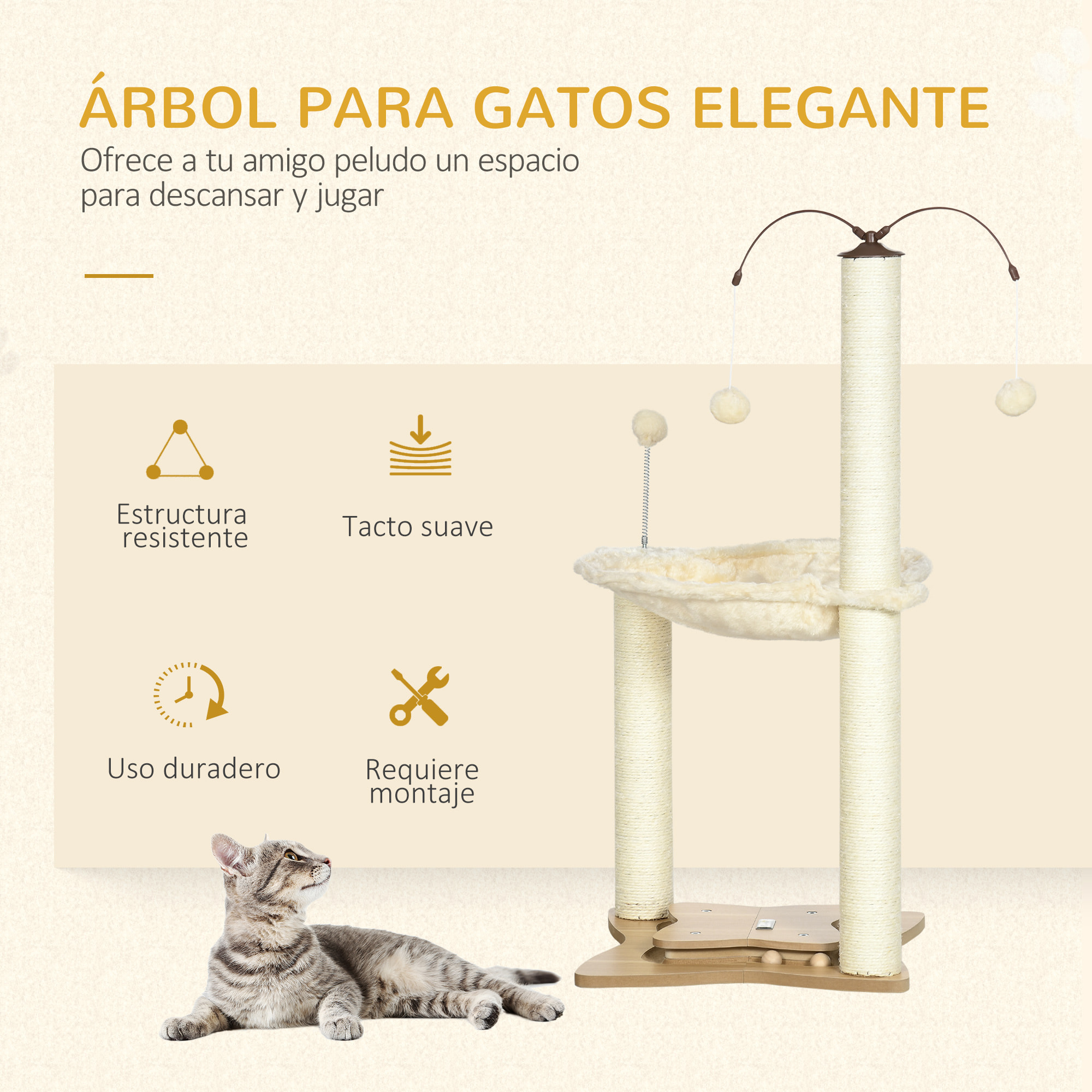árbol Rascador para Gatos Altura 90 cm con Hamaca Postes de Sisal y Bolas Juegos