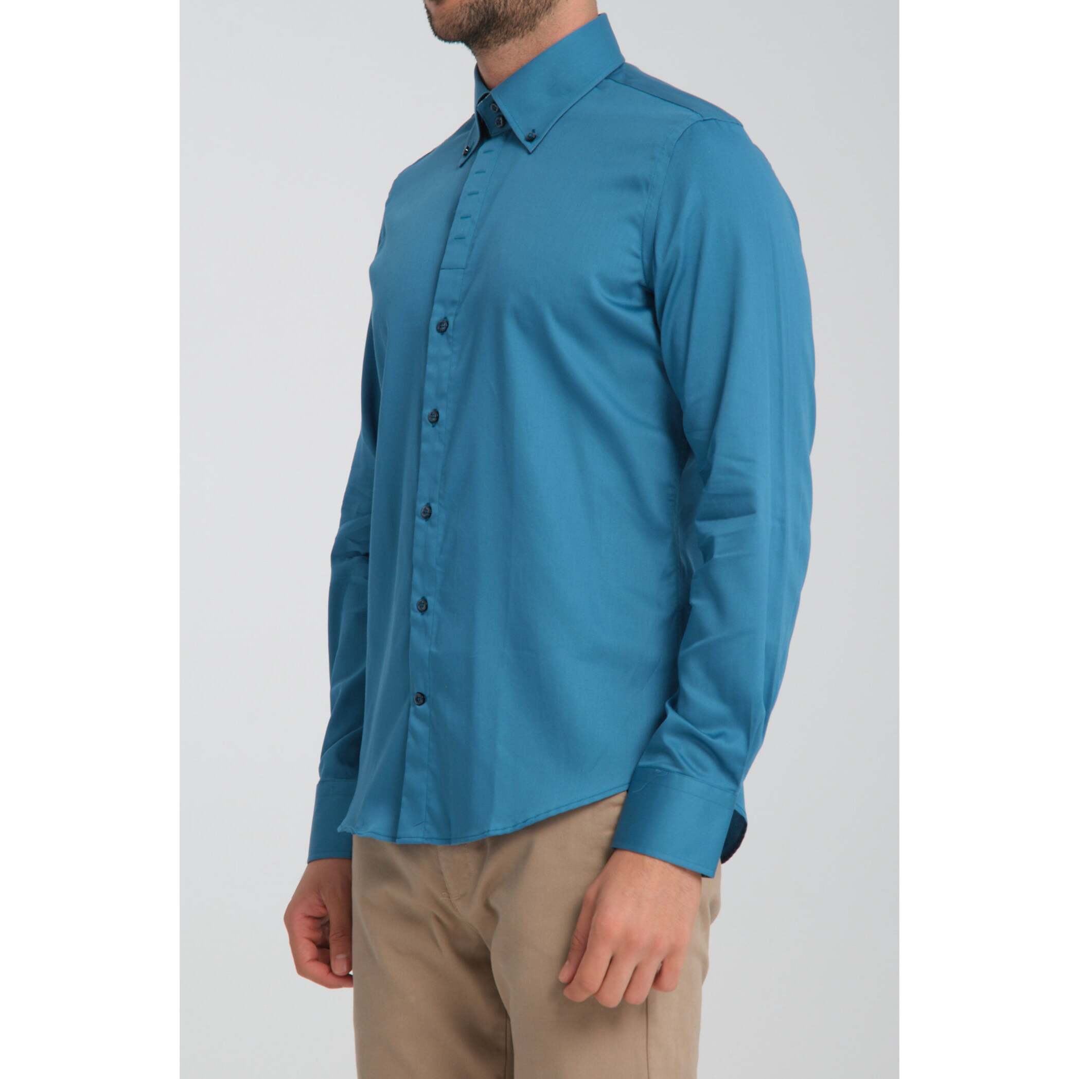 Camicia Uomo 2 Bottoni Button Down Slim Satin Unito Verde Ottanio