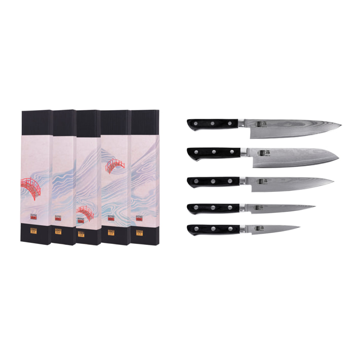 Set Hashi Damas Completo: 5 cuchillos (office 9cm + universal 12cm + petty 15cm + santoku 18cm + gyuto 21cm)