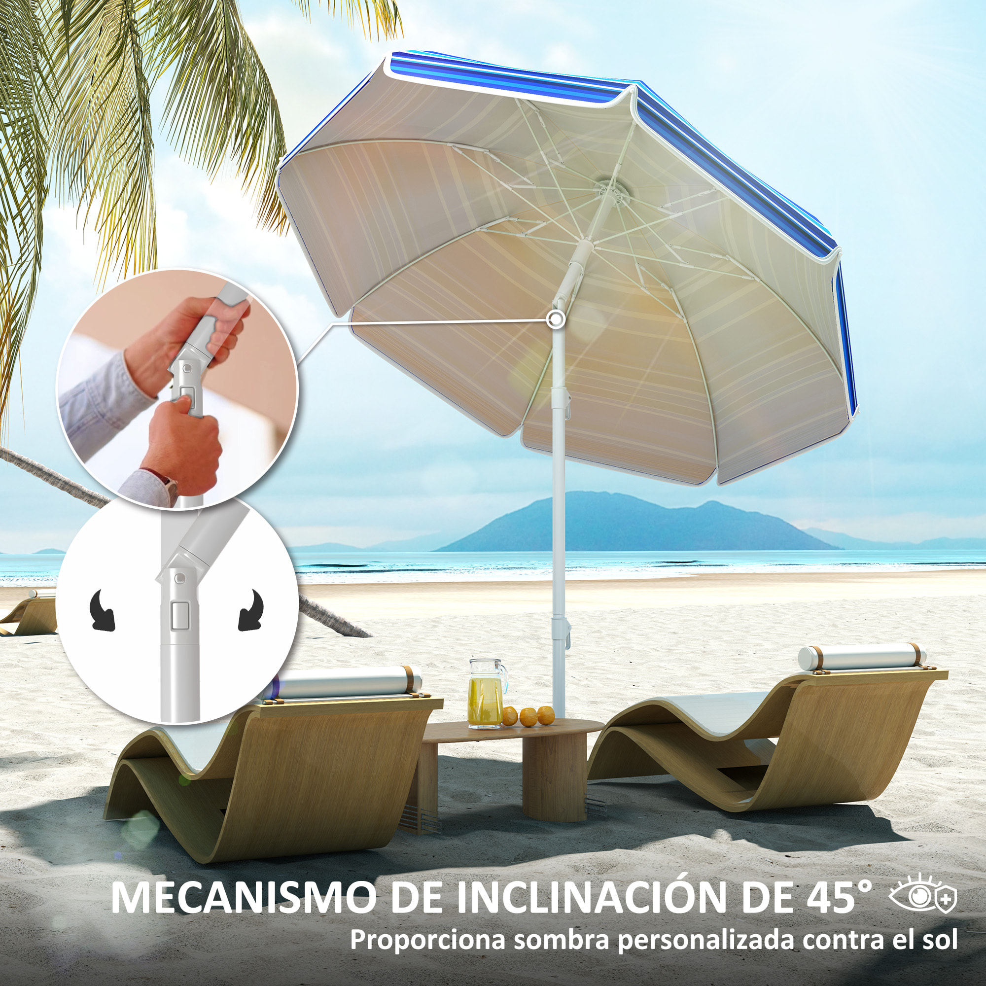 Sombrilla de Playa Grande Ø180 cm Sombrilla de Terraza Exterior Plegable con Ángulo Ajustable Protección UV50+ Impermeable Mástil de Ø32 mm Multicolor