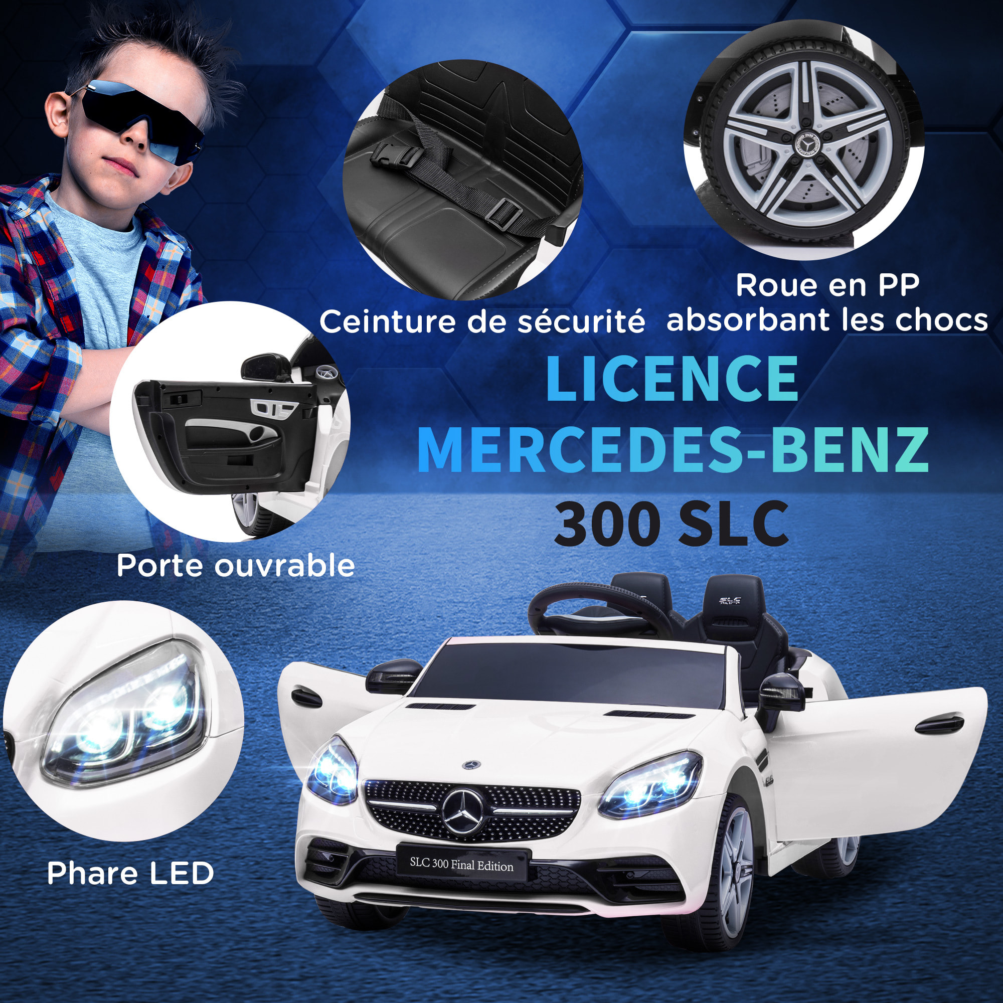 Voiture véhicule électrique enfant 6 V 5 Km/h max. télécommande effets sonores + lumineux Mercedes SLC 300 blanc