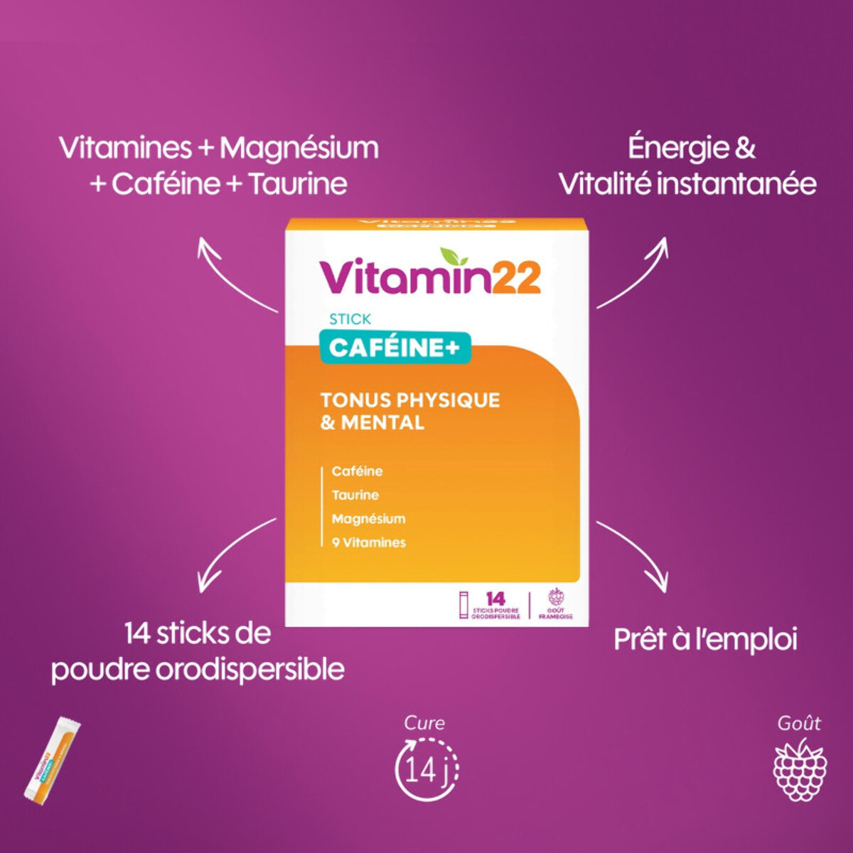 VITAMIN'22 - Caféine+ - Énergie et vitalité quotidienne - Améliore la concentration - 9 Vitamines, Magnésium, Caféine et Taurine - Sans Gluten - Cure de 7 à 14 Jours - 14 Sticks