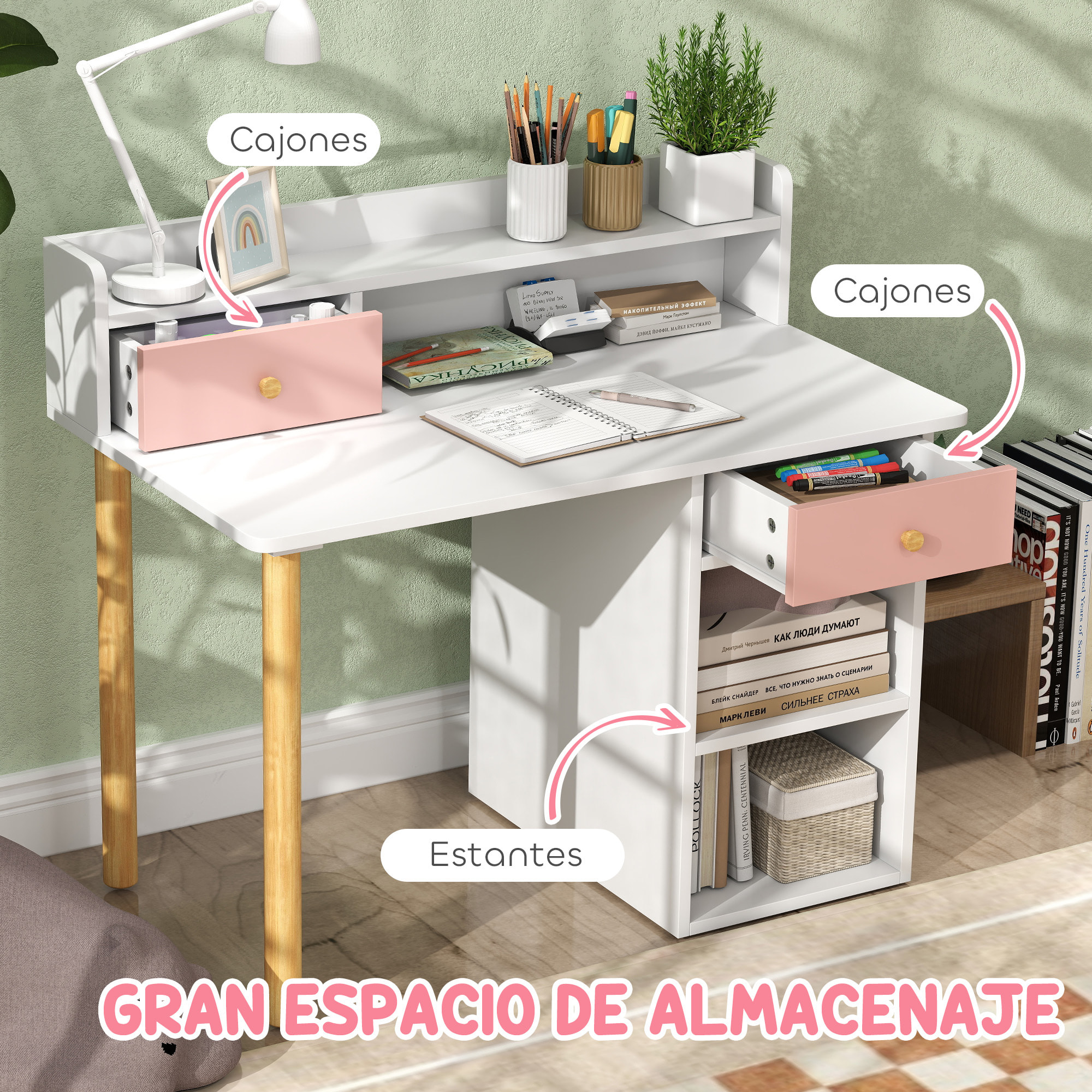 Juego de Escritorio y Silla para Niños de +3 Años Pupitre Infantil con Cajones Compartimento y Estantes para Dormitorio Sala Estudio Rosa y Blanco