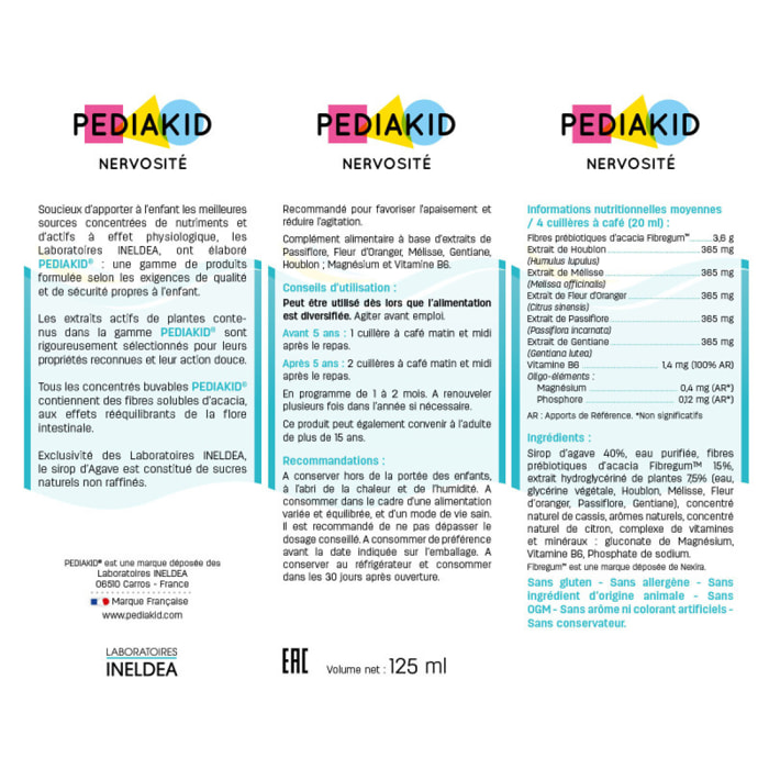 PEDIAKID - Complément Alimentaire Naturel Pediakid Nervosité - Formule Exclusive au Sirop d'Agave - Favorise l'Apaisement - Réduit l'Agitation - Arôme Naturel Cassis - Lot de 2 Flacons de 125 ml