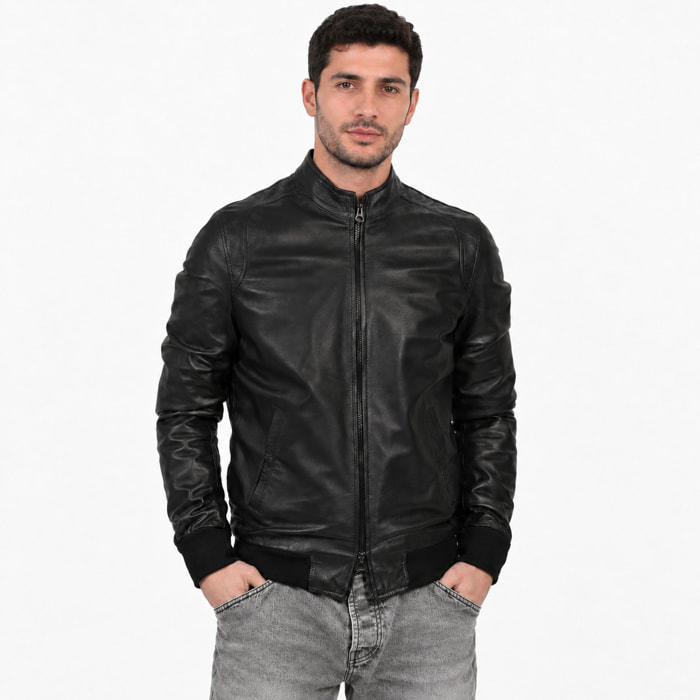 Giubbino in vera pelle di vitello Nero-Slim Fit