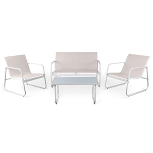 Conjunto de jardín 4 plazas, mesa centro+sofá+sillones de acero blanco