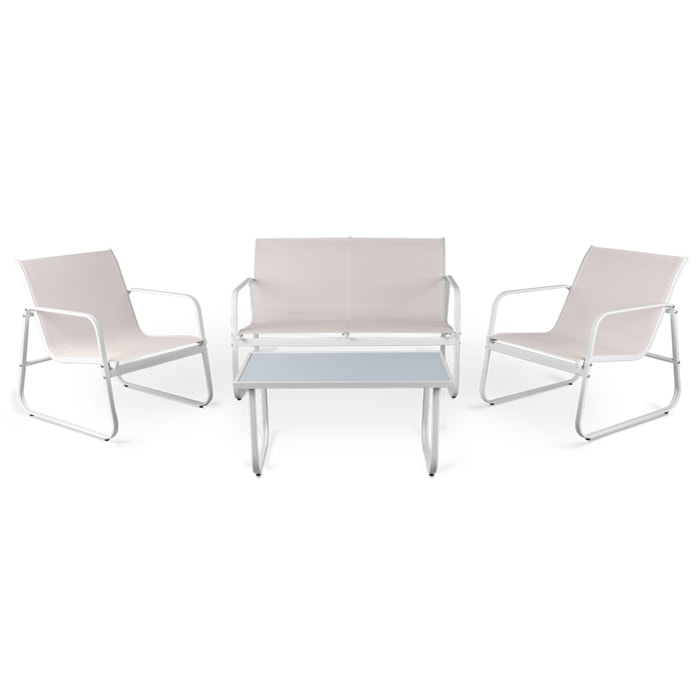 Conjunto de jardín 4 plazas, mesa centro+sofá+sillones de acero blanco