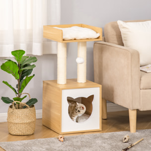 Arbre à chat 2 griffoirs niche entrée tête de chat plateforme d'observation jouet suspendu coussins amovibles peluche grande douceur aspect bois clair