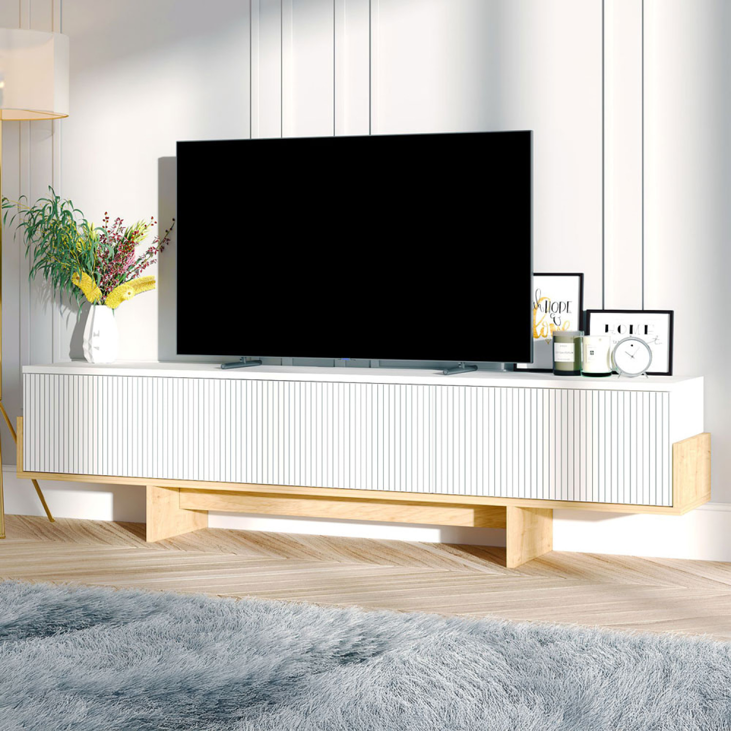 LEESBURG Meuble TV avec placards blanc et bois 180cm