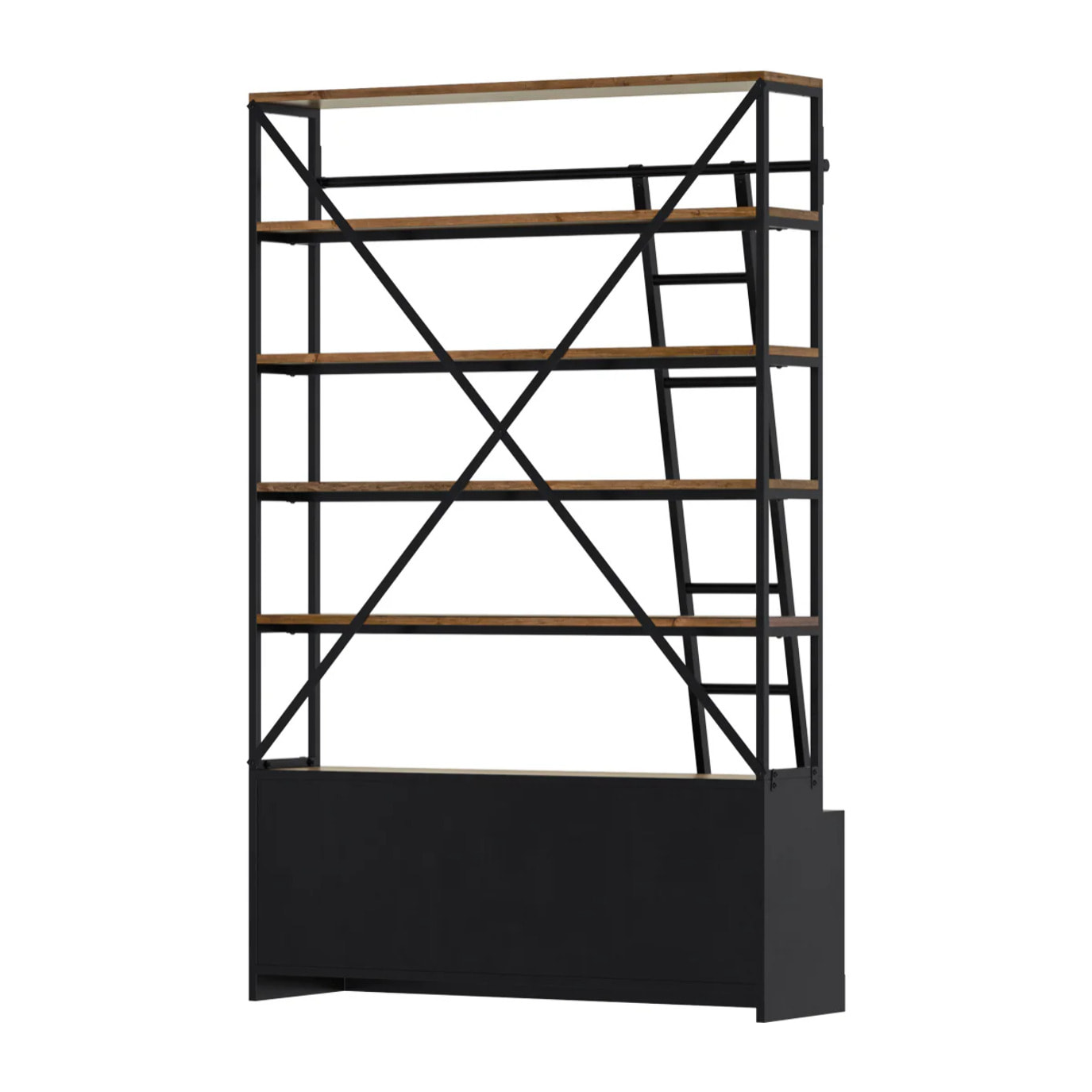 Bibliothèque 160 cm en bois et métal avec échelle, 4 tiroirs - Kasi