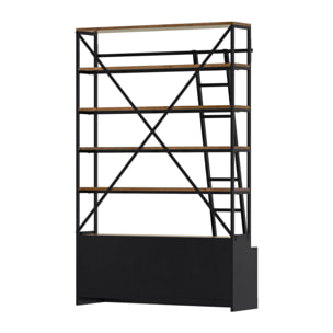Bibliothèque 160 cm en bois et métal avec échelle, 4 tiroirs - Kasi