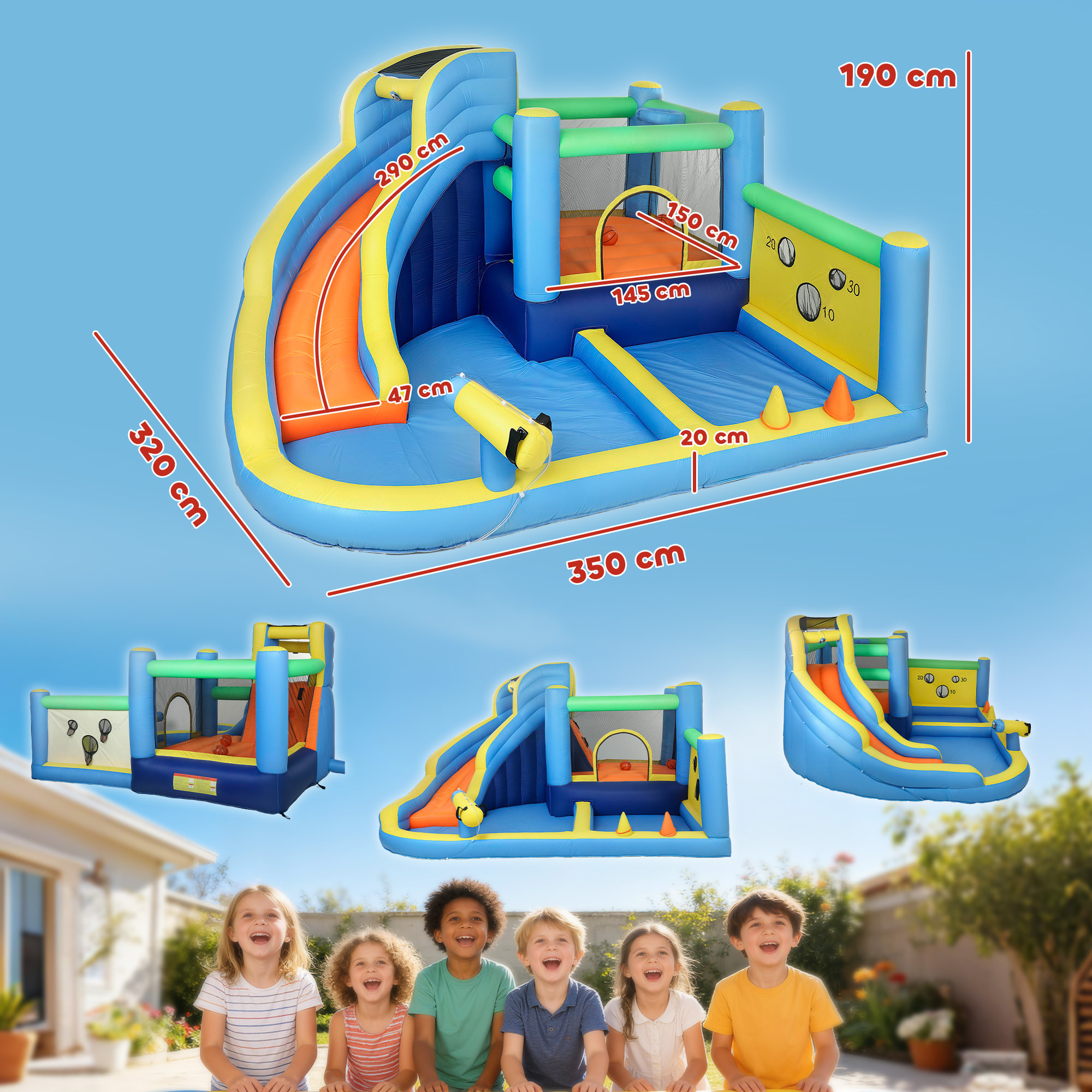 Castillo Hinchable Acuático 8 en 1 con Soplador 550W Castillo Hinchable Niños con Tobogán Zona de Salto Escalada Piscinas Canasta Lanzamiento de Aros Anillas Exterior Interior 350x320x190 cm