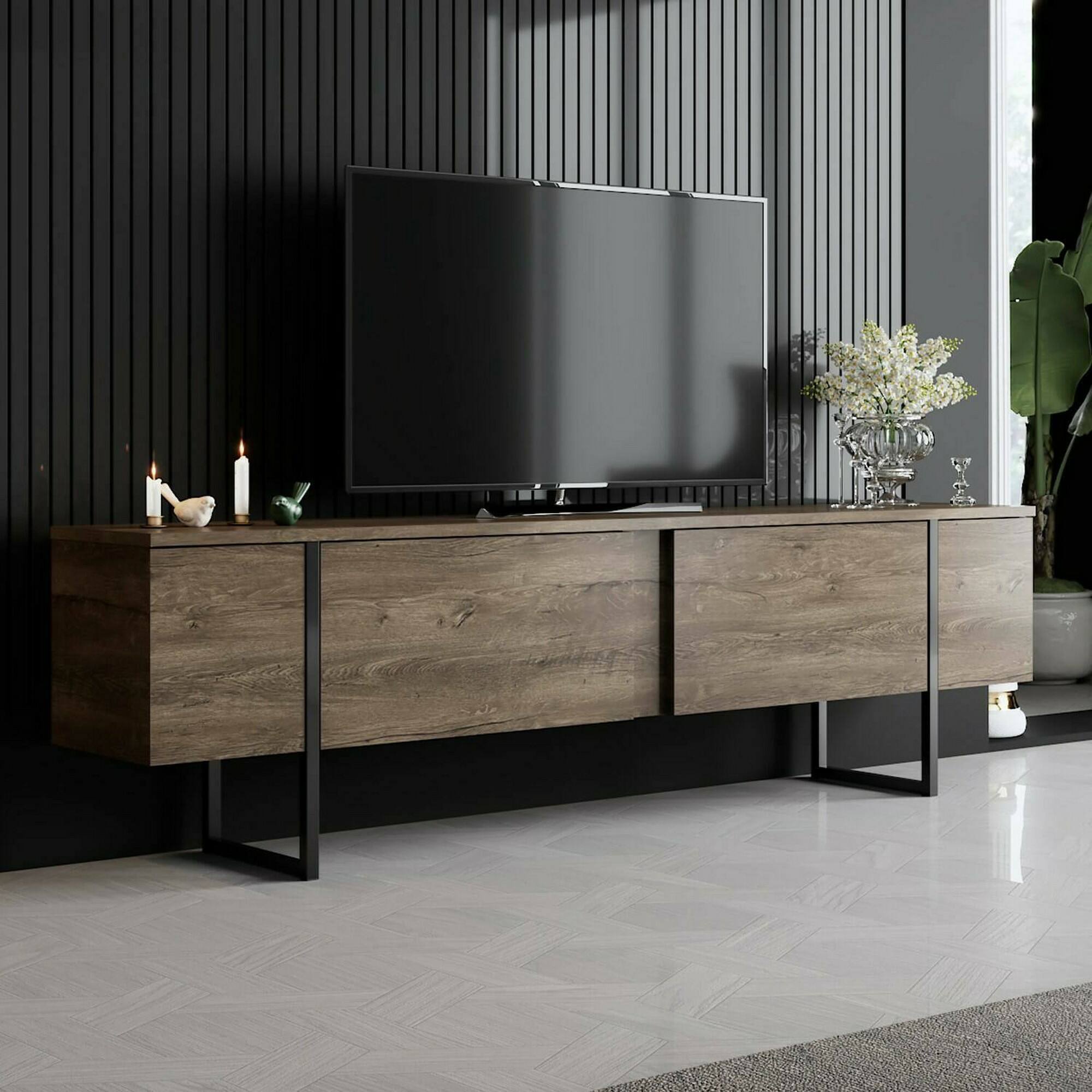 Mobile porta TV Dgridell, Credenza da soggiorno, Armadio basso per TV, Base parete attrezzata, 180x30h50 cm, Noce e Nero