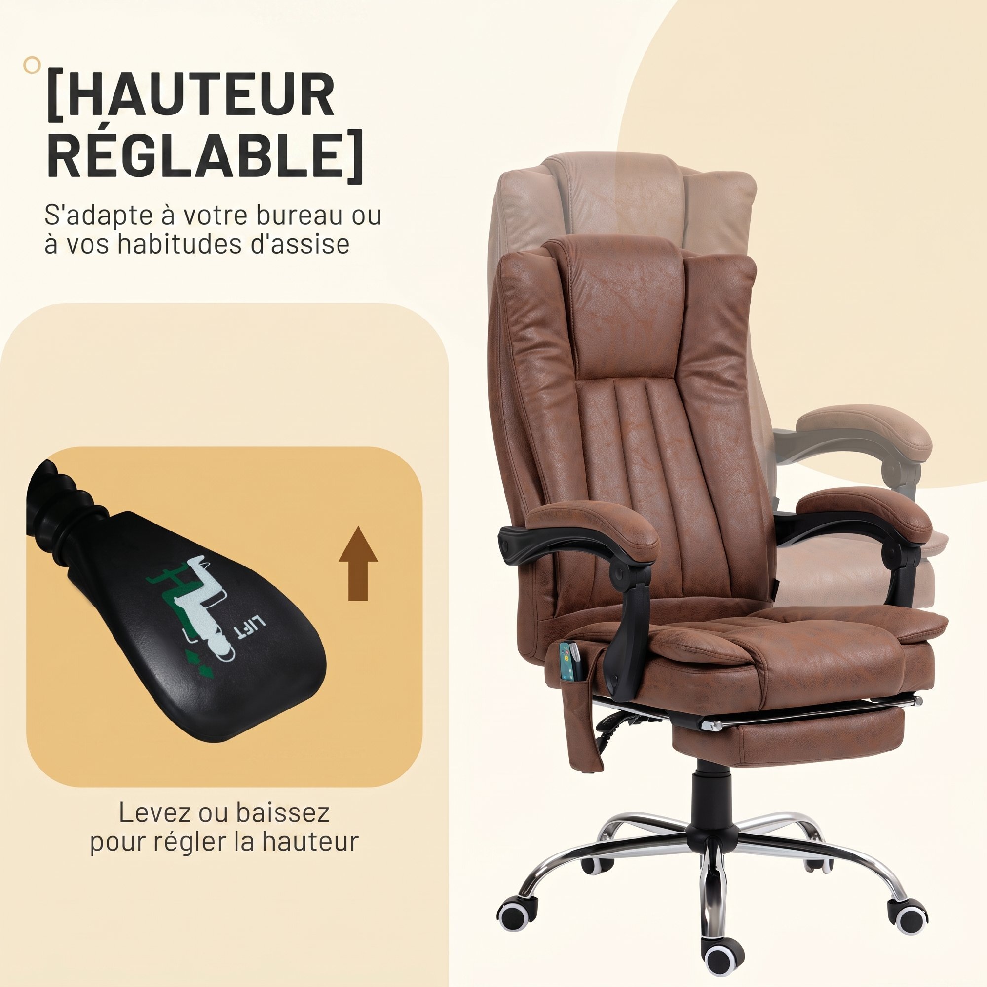 Fauteuil de bureau massant chauffant inclinable repose-pieds rétractable effet cuir vieilli